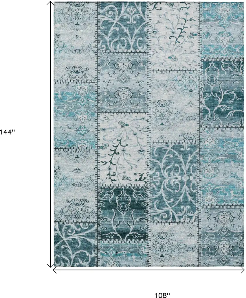 Teal Patchwork Washable Non Skid Indoor Outdoor Area Rug Photo 3