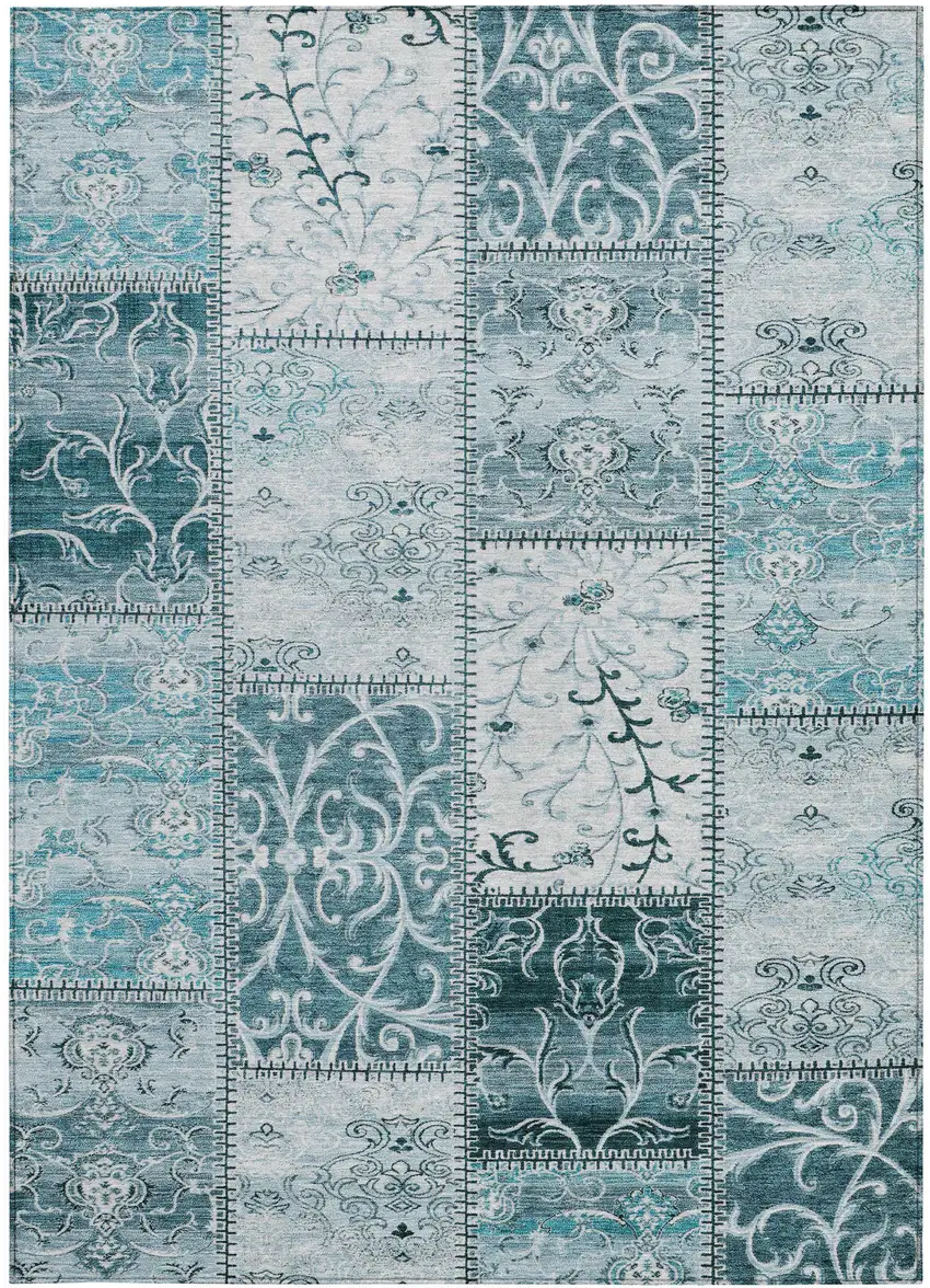 Teal Patchwork Washable Non Skid Indoor Outdoor Area Rug Photo 5