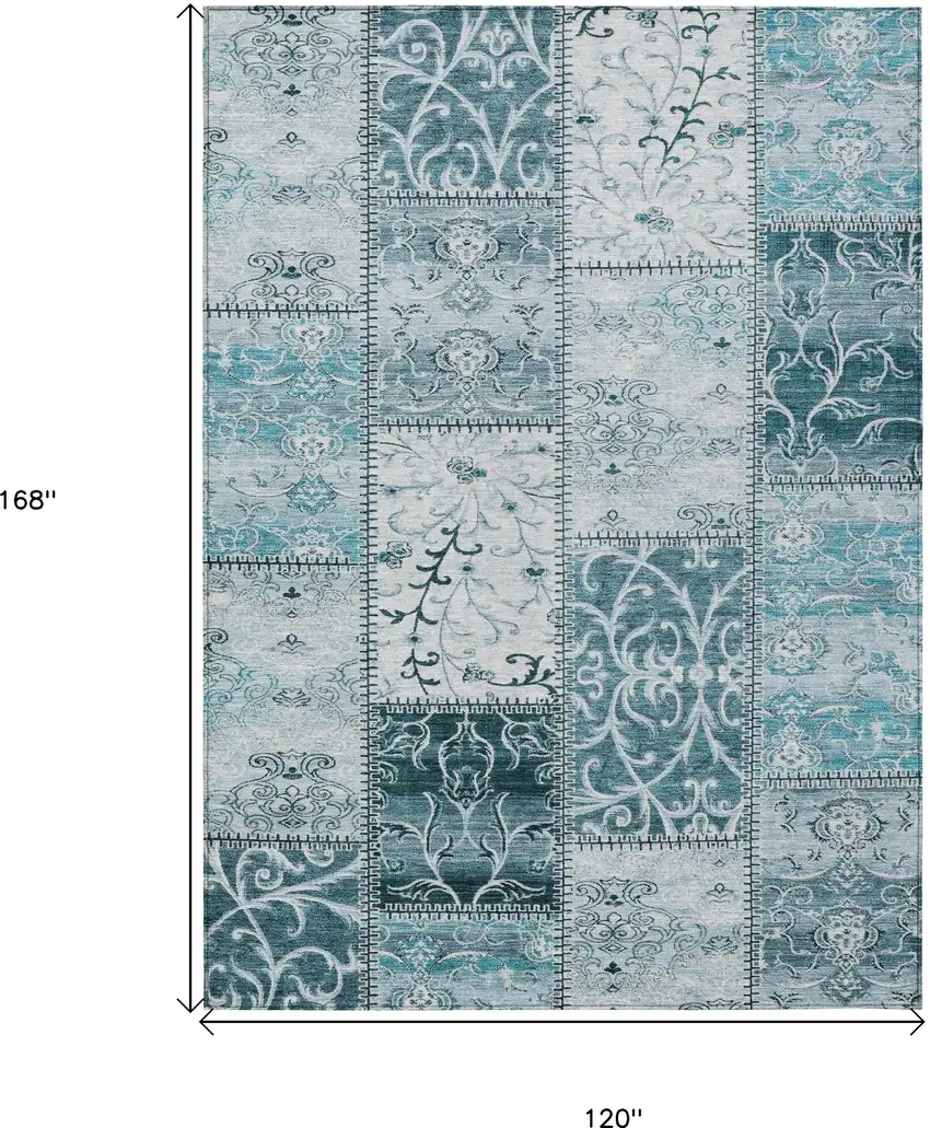 Teal Patchwork Washable Non Skid Indoor Outdoor Area Rug Photo 3
