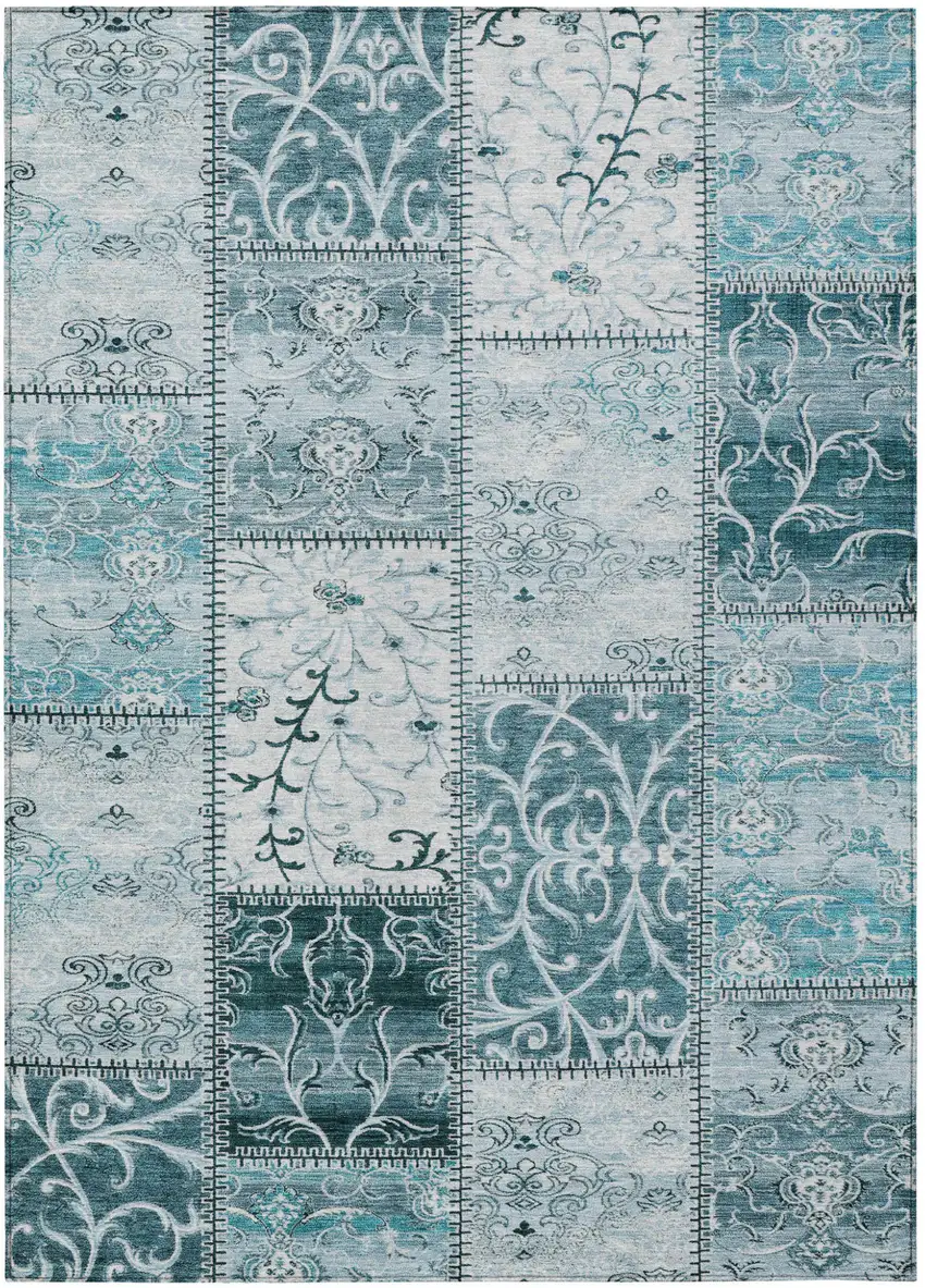 Teal Patchwork Washable Non Skid Indoor Outdoor Area Rug Photo 2