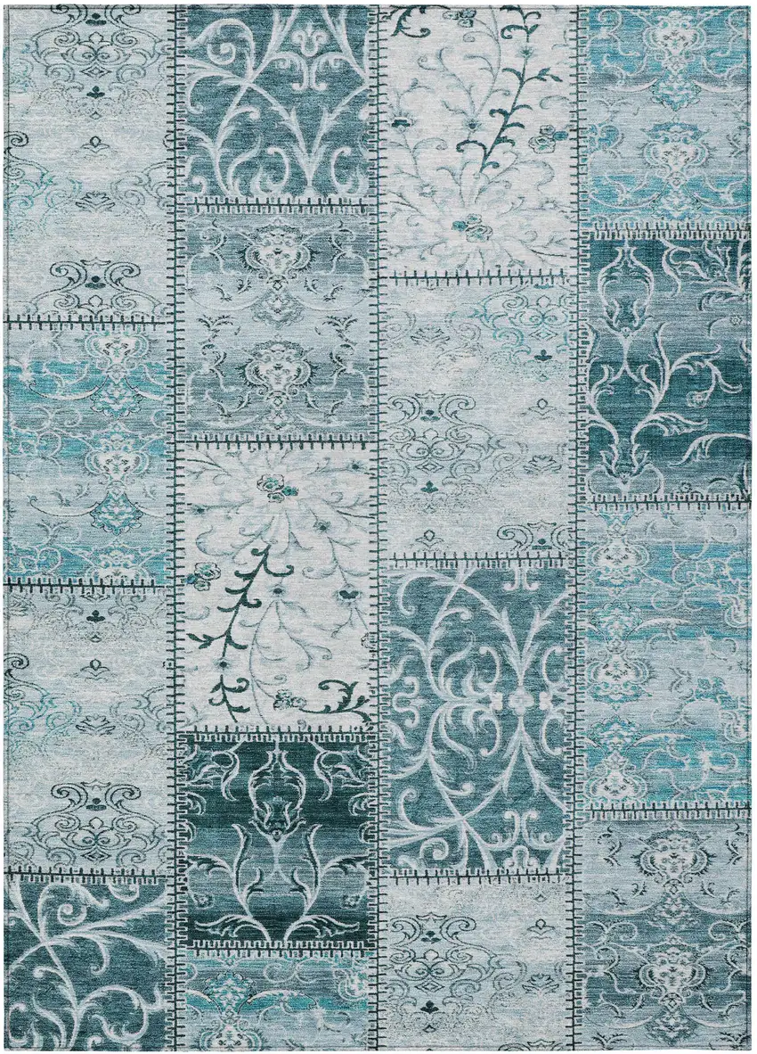 Teal Patchwork Washable Non Skid Indoor Outdoor Area Rug Photo 2