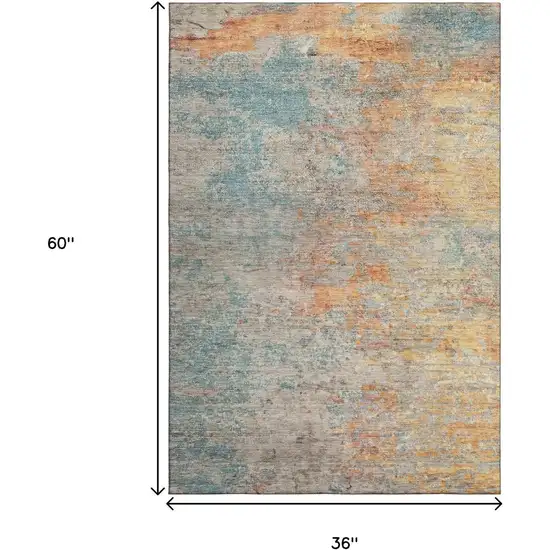 Teal Peach And Gold Abstract Washable Area Rug With UV Protection Photo 3