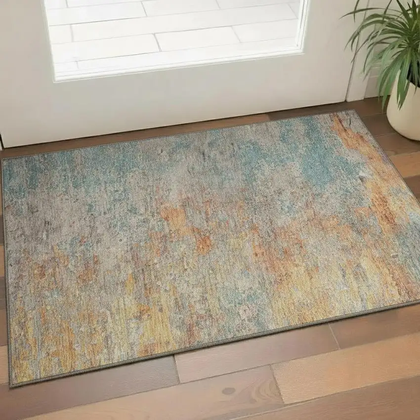 Teal Peach And Gold Abstract Washable Area Rug With UV Protection Photo 2