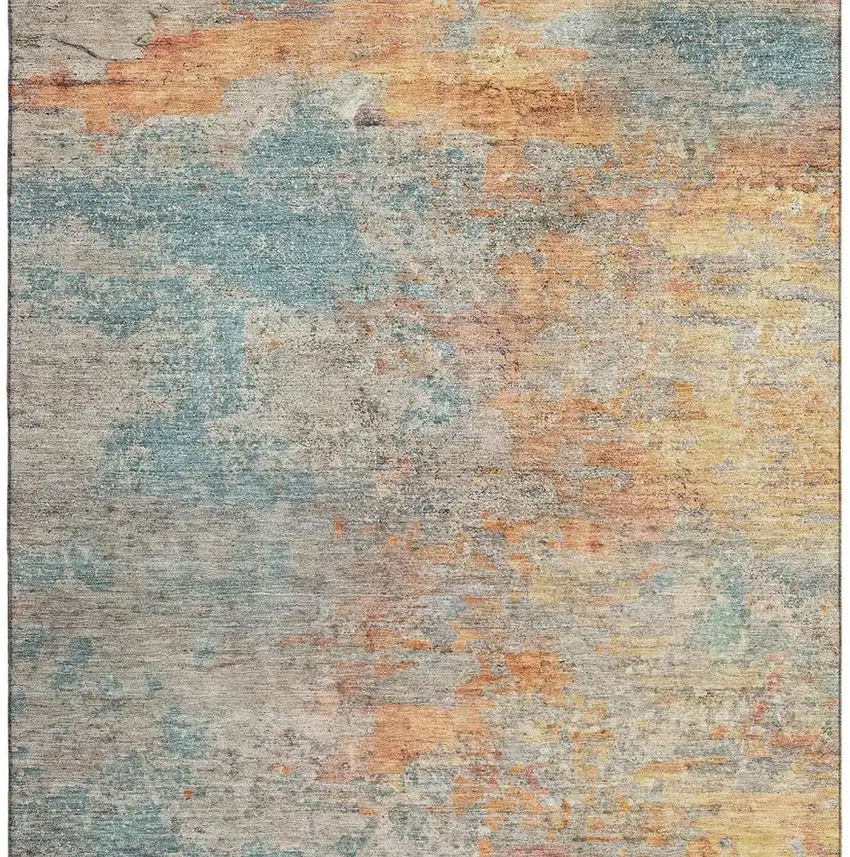 Teal Peach And Gold Abstract Washable Area Rug With UV Protection Photo 3