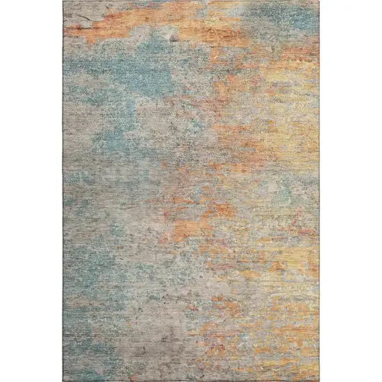 Teal Peach And Gold Abstract Washable Area Rug With UV Protection Photo 1