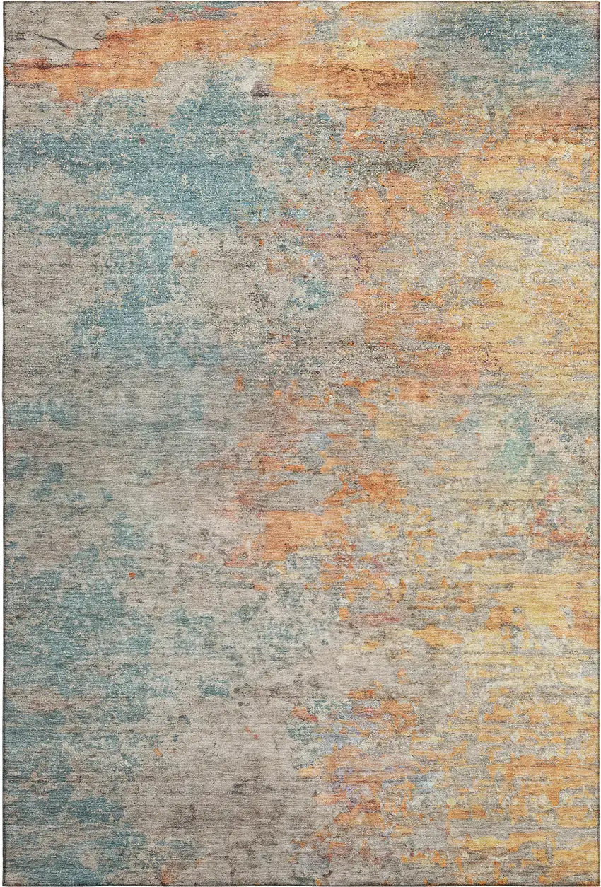 Teal Peach And Gold Abstract Washable Area Rug With UV Protection Photo 1