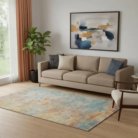 Teal Peach And Gold Abstract Washable Area Rug With UV Protection Photo 2