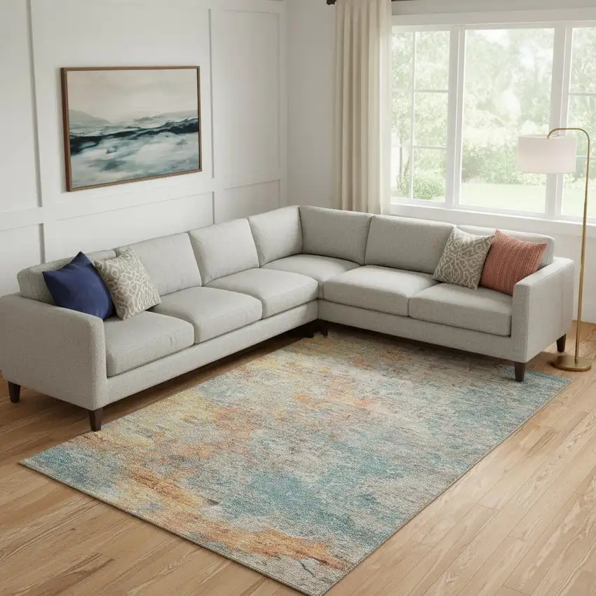 Teal Peach And Gold Abstract Washable Area Rug With UV Protection Photo 2