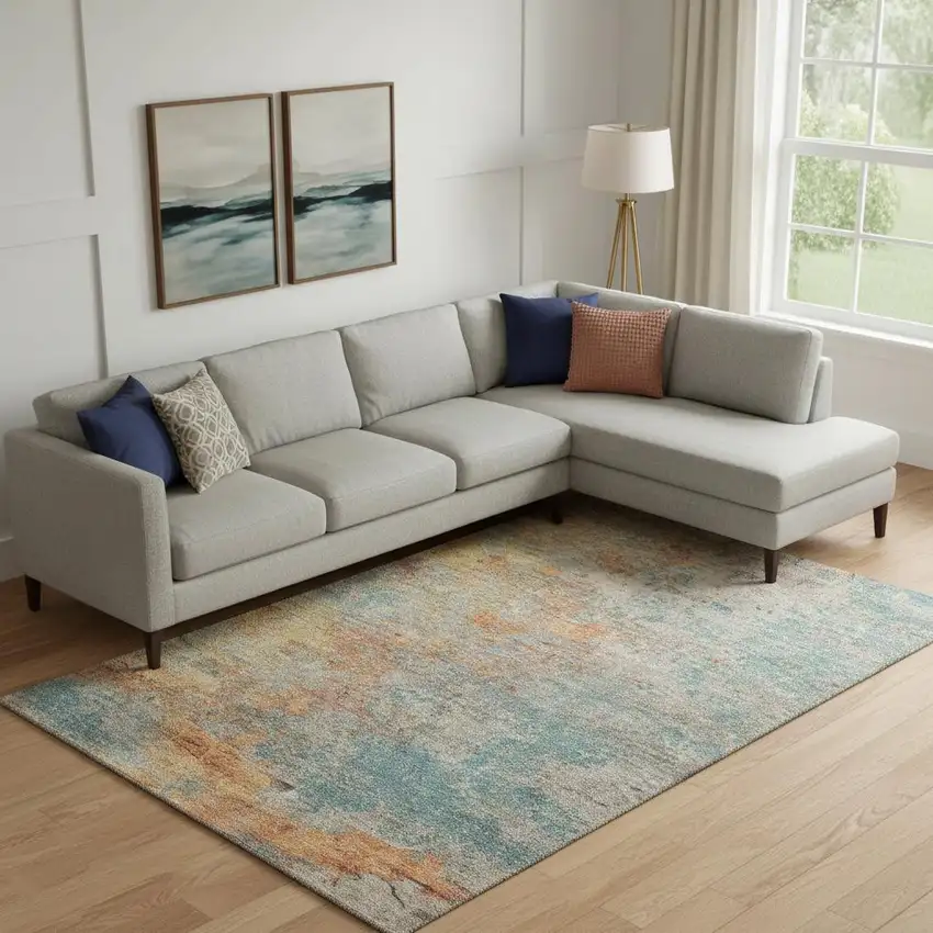 Teal Peach And Gold Abstract Washable Area Rug With UV Protection Photo 2