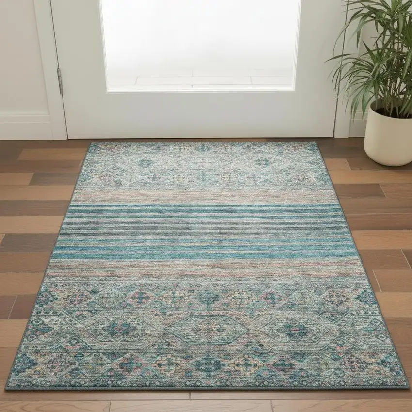 Teal Peach And Gray Striped Washable Area Rug With UV Protection Photo 2