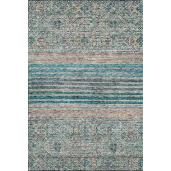 Teal Peach And Gray Striped Washable Area Rug With UV Protection Photo 1