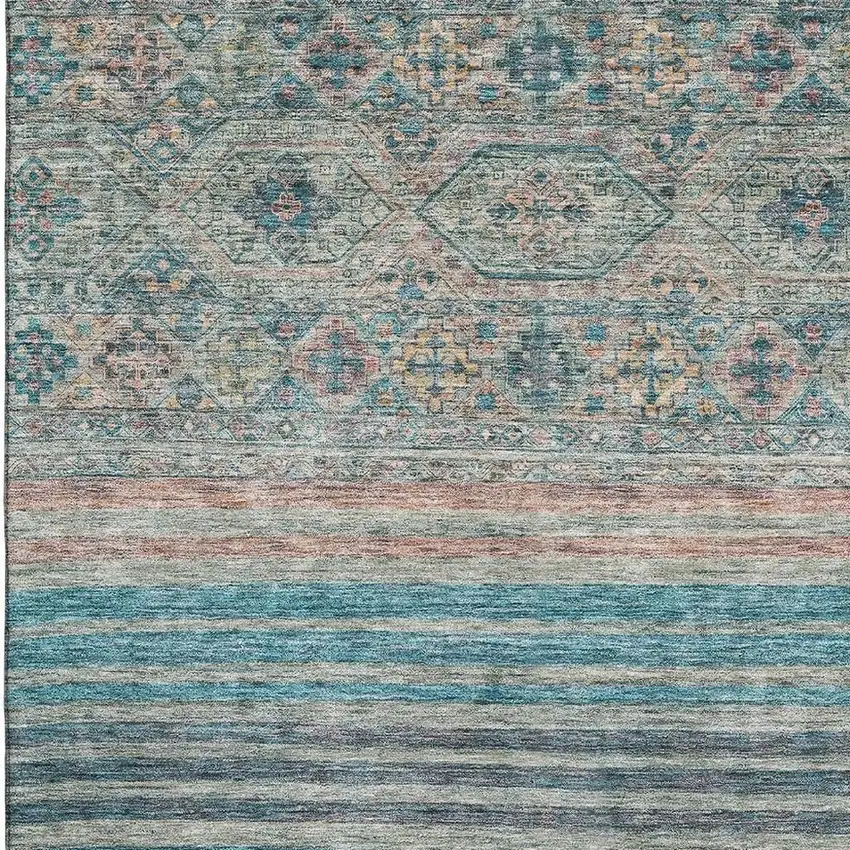 Teal Peach And Gray Striped Washable Area Rug With UV Protection Photo 2