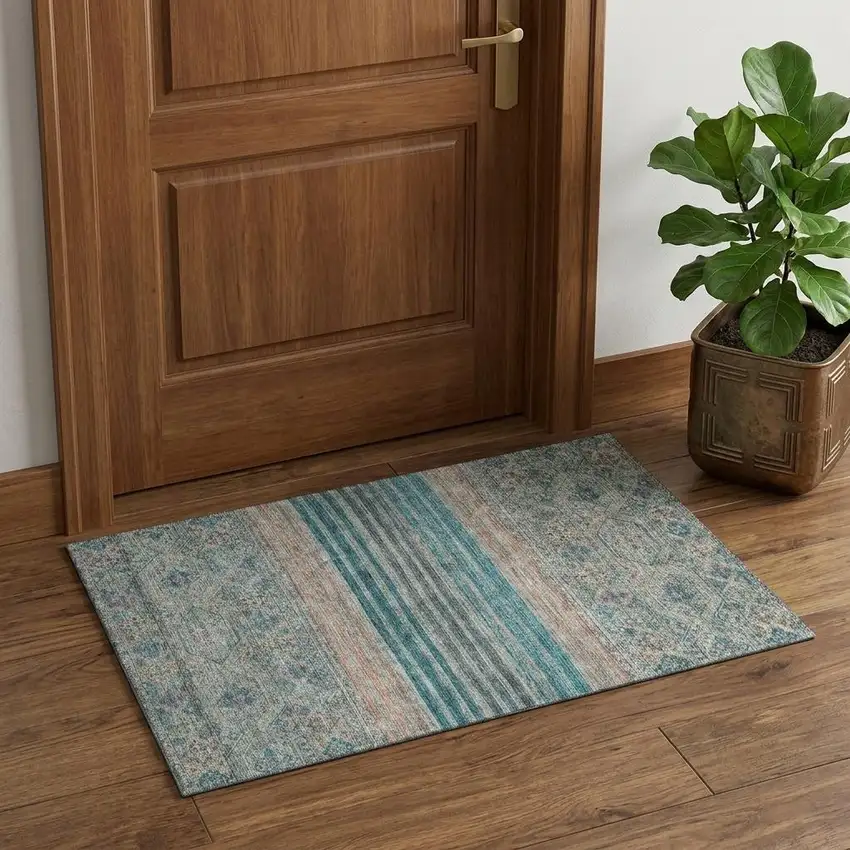 Teal Peach And Gray Striped Washable Area Rug With UV Protection Photo 1