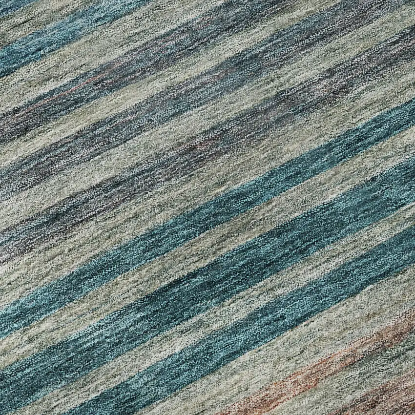 Teal Peach And Gray Striped Washable Area Rug With UV Protection Photo 9