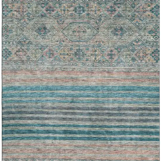 Teal Peach And Gray Striped Washable Area Rug With UV Protection Photo 3
