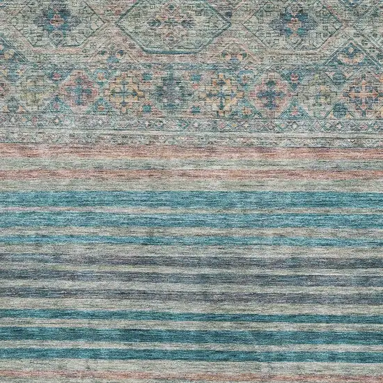 Teal Peach And Gray Striped Washable Area Rug With UV Protection Photo 2