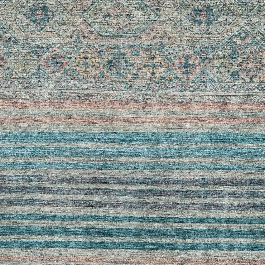 Teal Peach And Gray Striped Washable Area Rug With UV Protection Photo 2