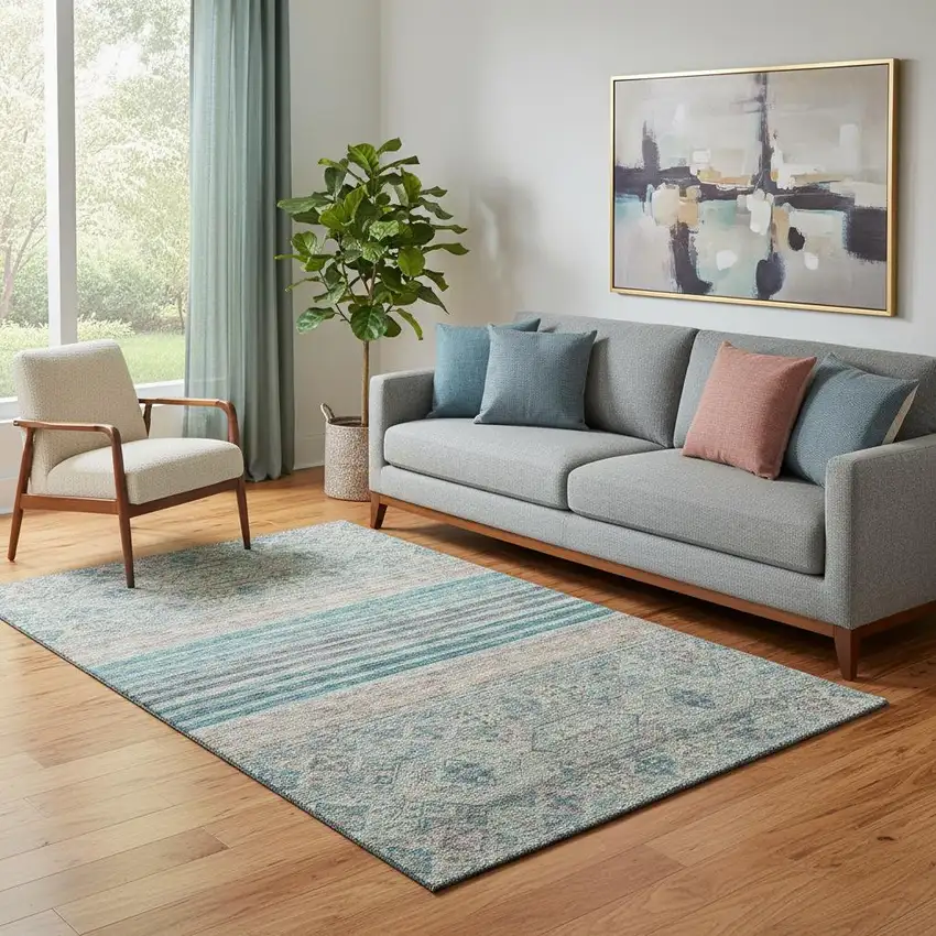 Teal Peach And Gray Striped Washable Area Rug With UV Protection Photo 2