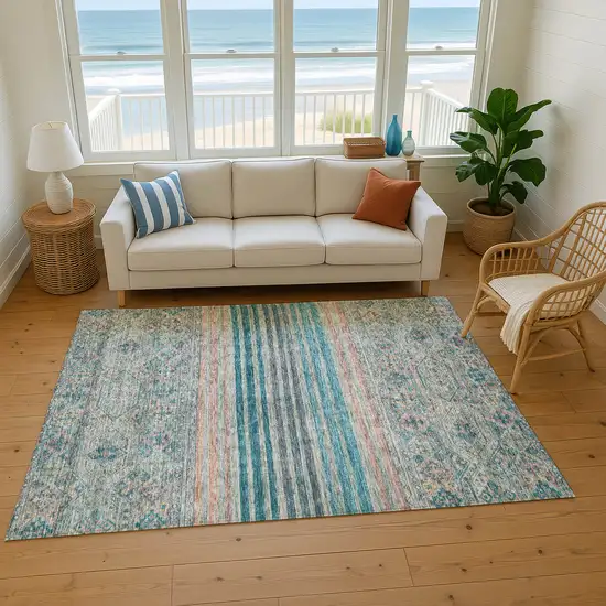 Teal Peach And Gray Striped Washable Area Rug With UV Protection Photo 5
