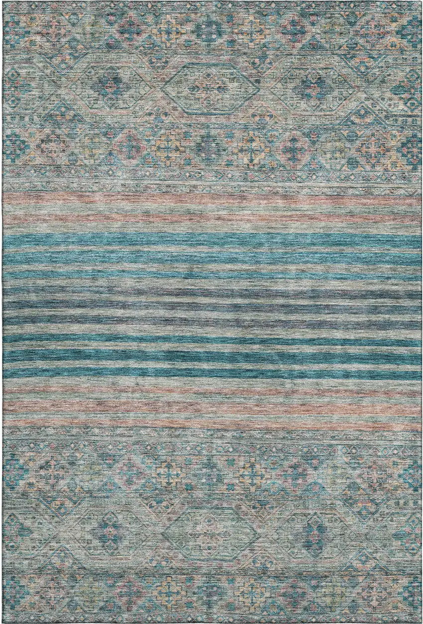 Teal Peach And Gray Striped Washable Area Rug With UV Protection Photo 1