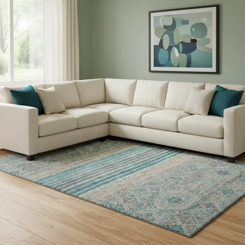 Teal Peach And Gray Striped Washable Area Rug With UV Protection Photo 2