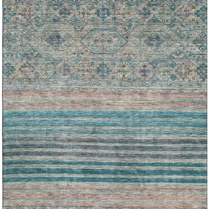 Teal Peach And Gray Striped Washable Area Rug With UV Protection Photo 3