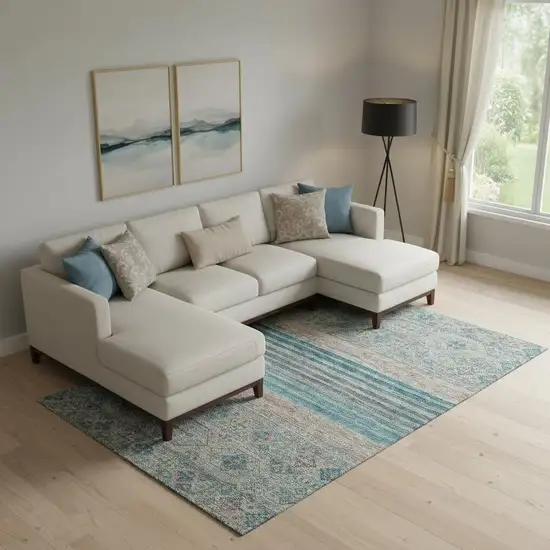 Teal Peach And Gray Striped Washable Area Rug With UV Protection Photo 2