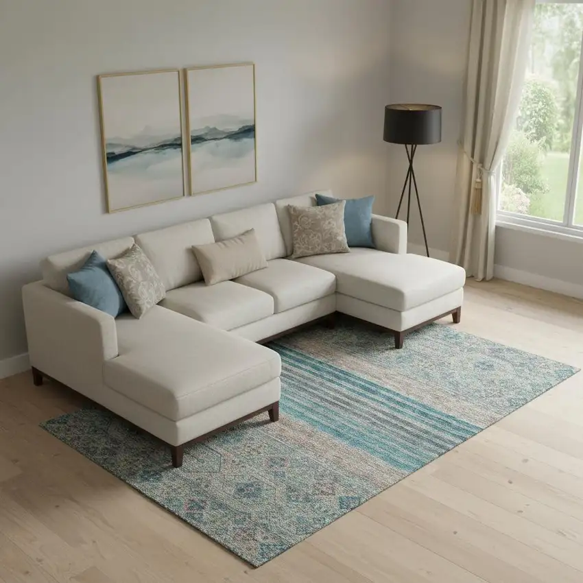 Teal Peach And Gray Striped Washable Area Rug With UV Protection Photo 2