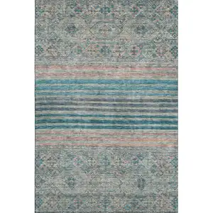 Photo of Teal Peach And Gray Striped Washable Area Rug With UV Protection