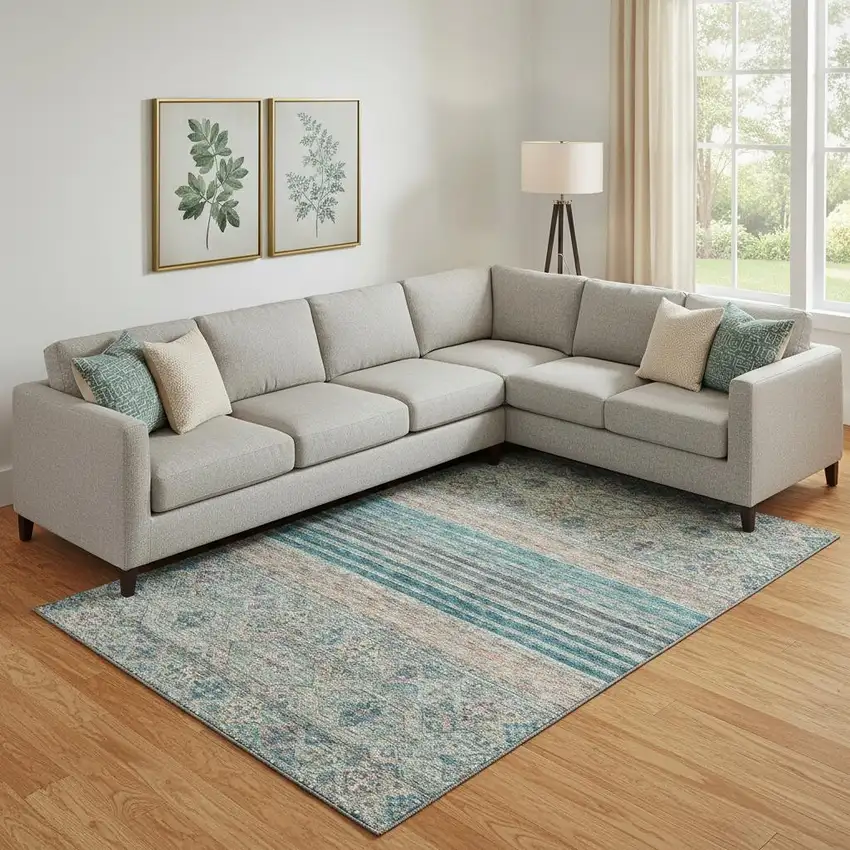 Teal Peach And Gray Striped Washable Area Rug With UV Protection Photo 2