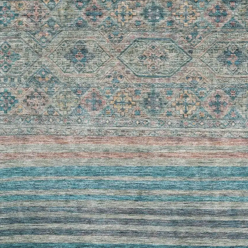Teal Peach And Gray Striped Washable Area Rug With UV Protection Photo 2