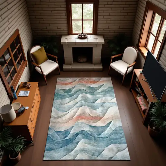 Teal Peach And Ivory Abstract Washable Area Rug With UV Protection Photo 4