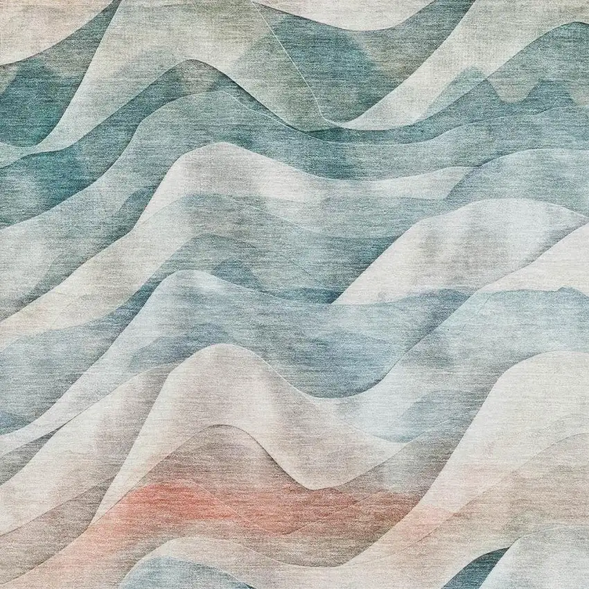 Teal Peach And Ivory Abstract Washable Area Rug With UV Protection Photo 2