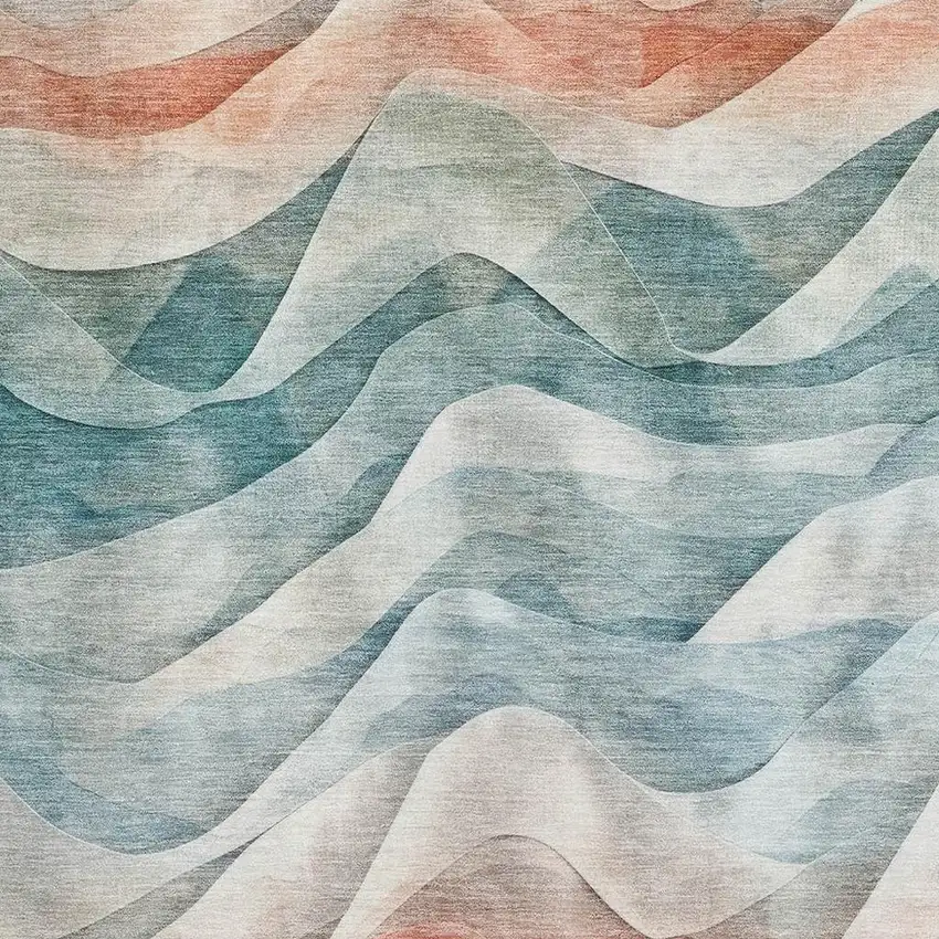 Teal Peach And Ivory Abstract Washable Area Rug With UV Protection Photo 2