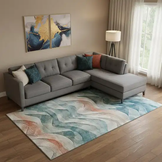 Teal Peach And Ivory Abstract Washable Area Rug With UV Protection Photo 2