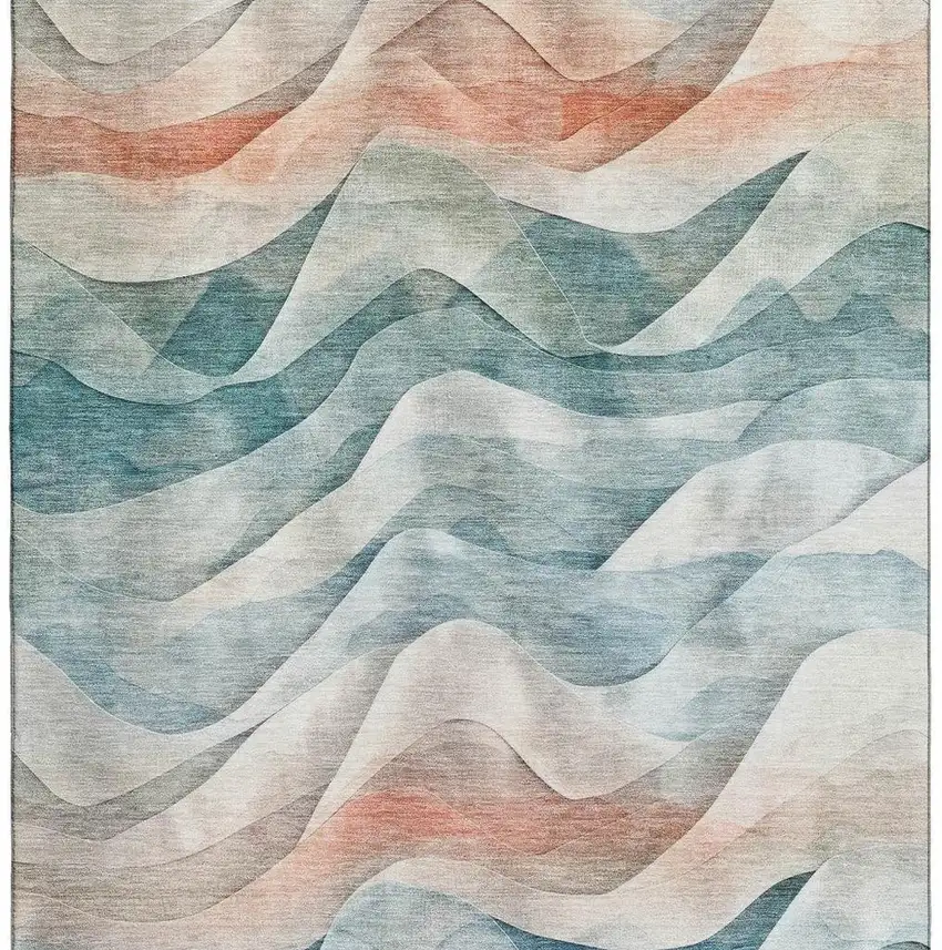 Teal Peach And Ivory Abstract Washable Area Rug With UV Protection Photo 3