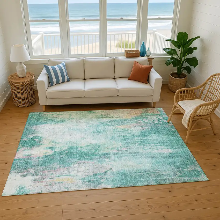 Teal Peach And Ivory Abstract Washable Area Rug With UV Protection Photo 5