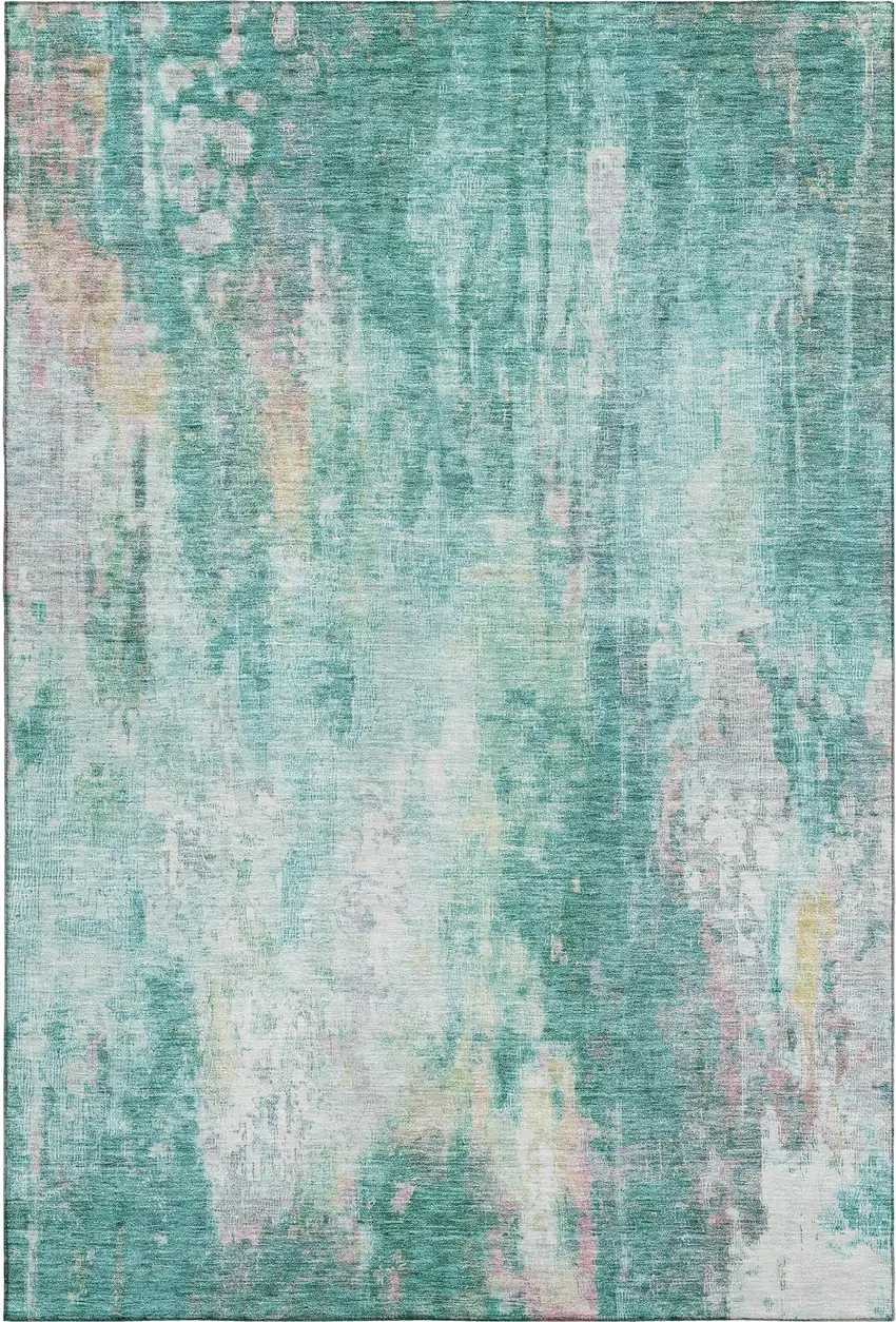 Teal Peach And Ivory Abstract Washable Area Rug With UV Protection Photo 6