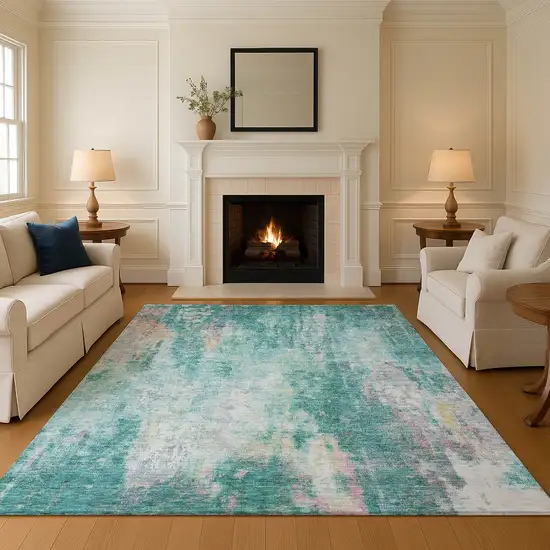 Teal Peach And Ivory Abstract Washable Area Rug With UV Protection Photo 4