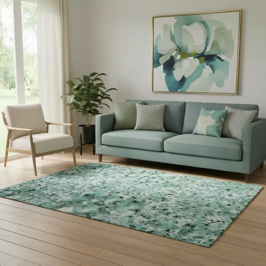 Teal Peach And Ivory Abstract Washable Area Rug With UV Protection Photo 2