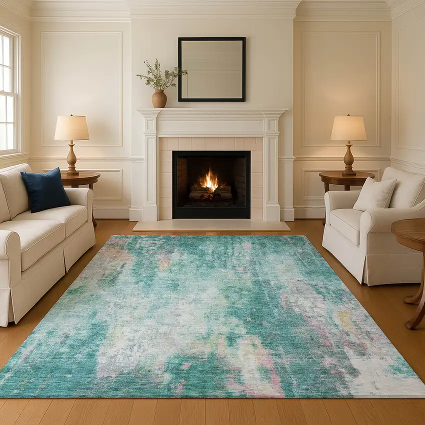 Teal Peach And Ivory Abstract Washable Area Rug With UV Protection Photo 4