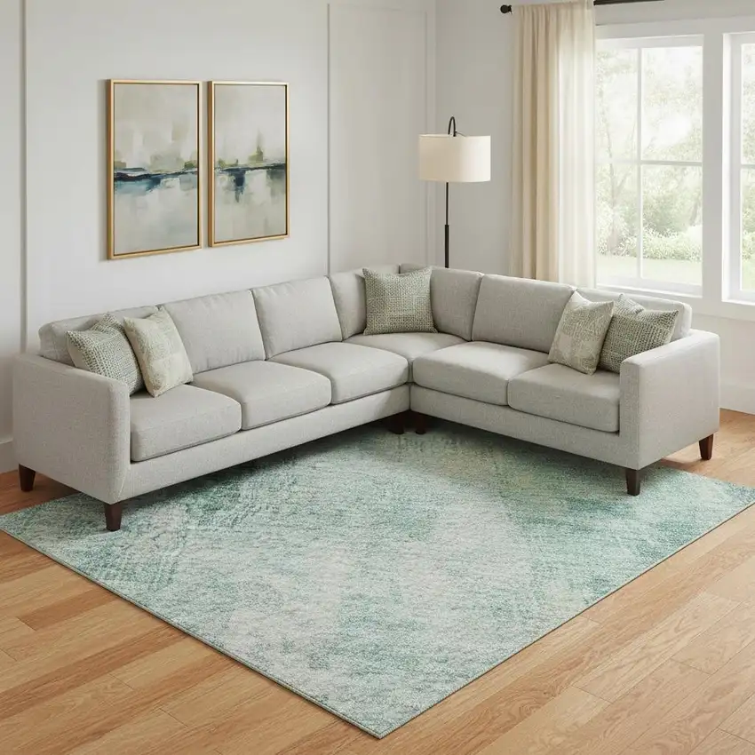 Teal Peach And Ivory Abstract Washable Area Rug With UV Protection Photo 2