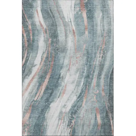 Teal Peach And Ivory Abstract Washable Area Rug With UV Protection Photo 3
