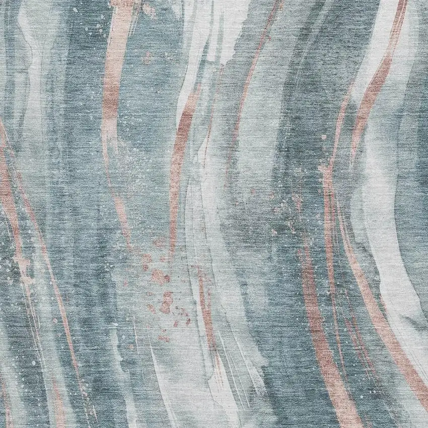 Teal Peach And Ivory Abstract Washable Area Rug With UV Protection Photo 2