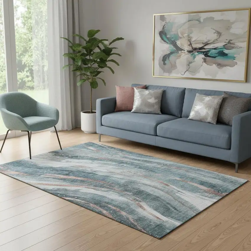 Teal Peach And Ivory Abstract Washable Area Rug With UV Protection Photo 2