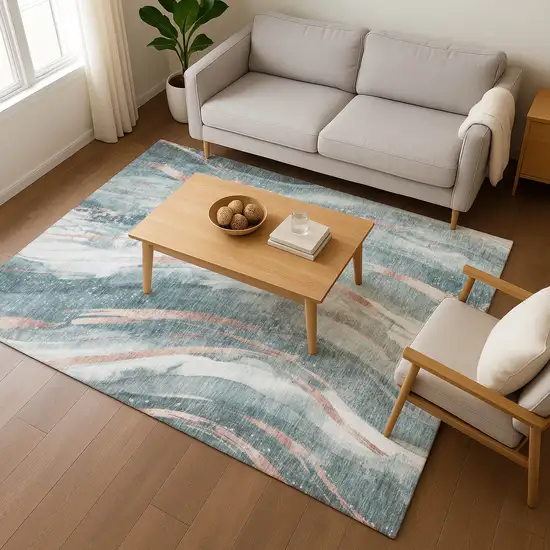 Teal Peach And Ivory Abstract Washable Area Rug With UV Protection Photo 5