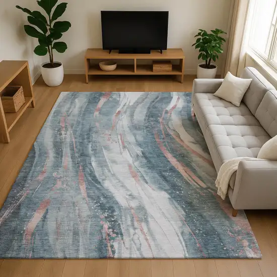 Teal Peach And Ivory Abstract Washable Area Rug With UV Protection Photo 4