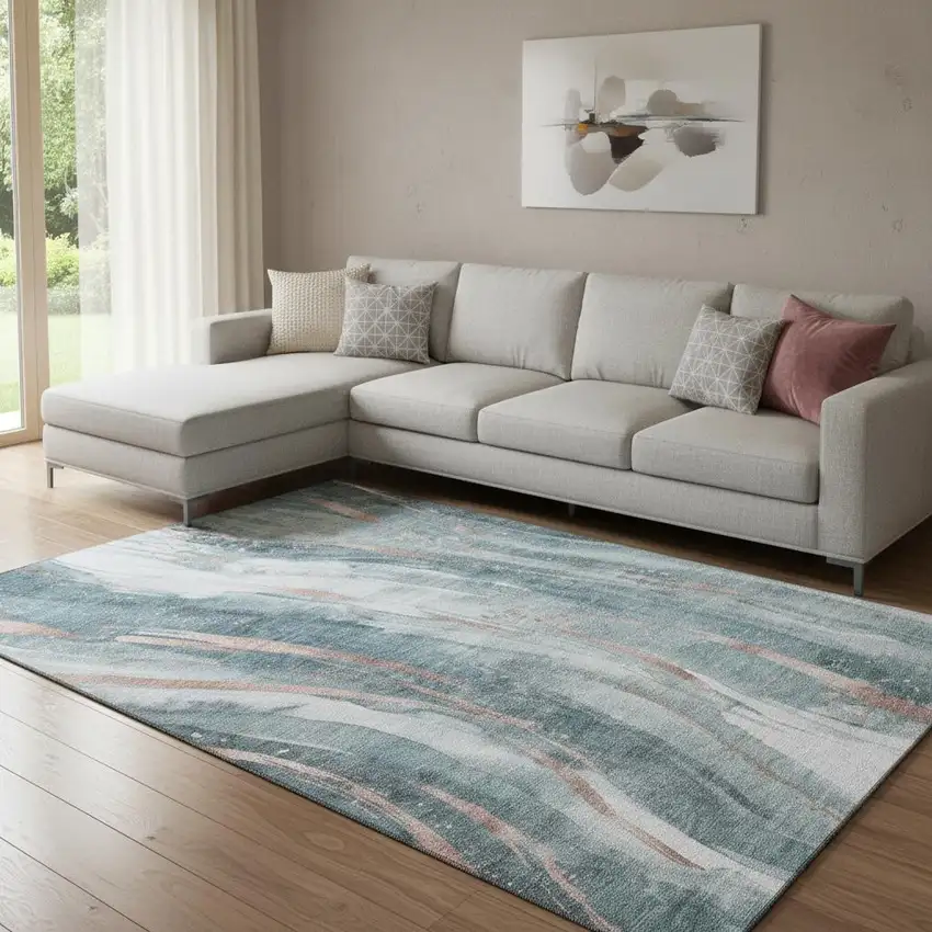 Teal Peach And Ivory Abstract Washable Area Rug With UV Protection Photo 2