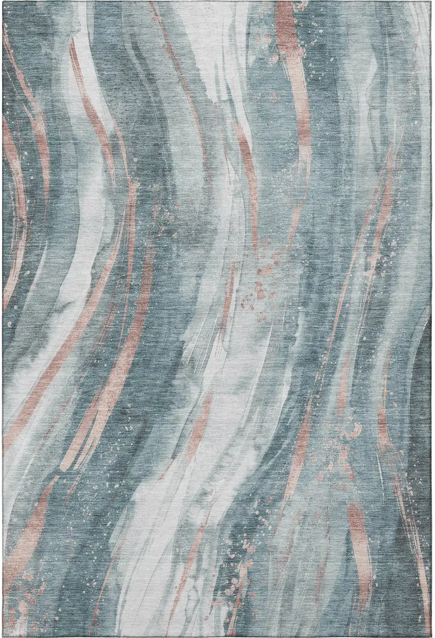 Teal Peach And Ivory Abstract Washable Area Rug With UV Protection Photo 3