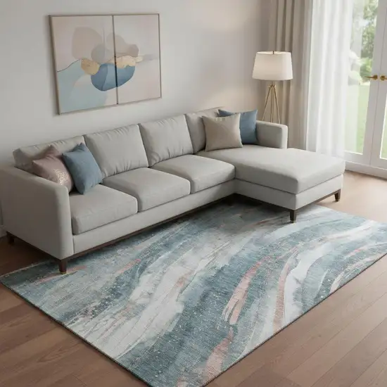 Teal Peach And Ivory Abstract Washable Area Rug With UV Protection Photo 2